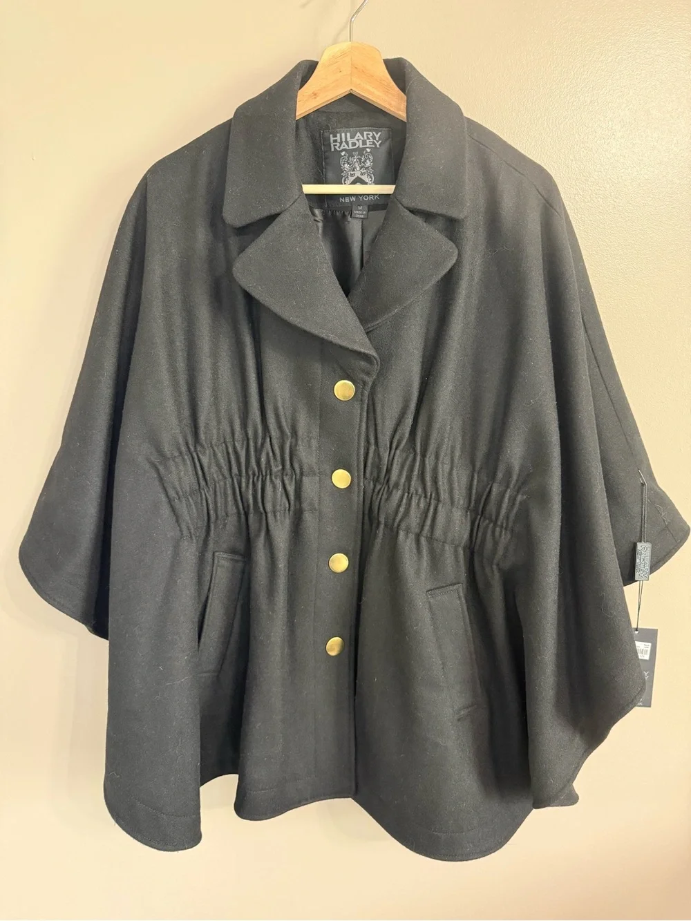 NWT Hilary Radley Black Wool Cinched Poncho Cape Coat Batwing-Sleeves Vintage M
